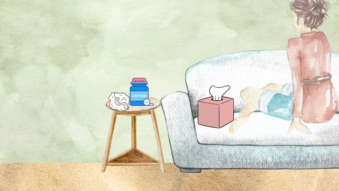 watercolor image of woman on the couch with tissues and pain releiver