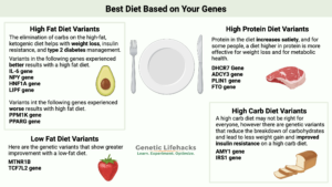 How to pick the best diet based on your genetic variants. Genetic variants with improved weight loss for a high fat diet, genetic variants with a worse outcome on a high fat diet, genetic variants with great weight loss on a low fat diet, genetic variants with improved results on a high protein diet, genetic variants with better results and improved insulin resistance on a high carb diet