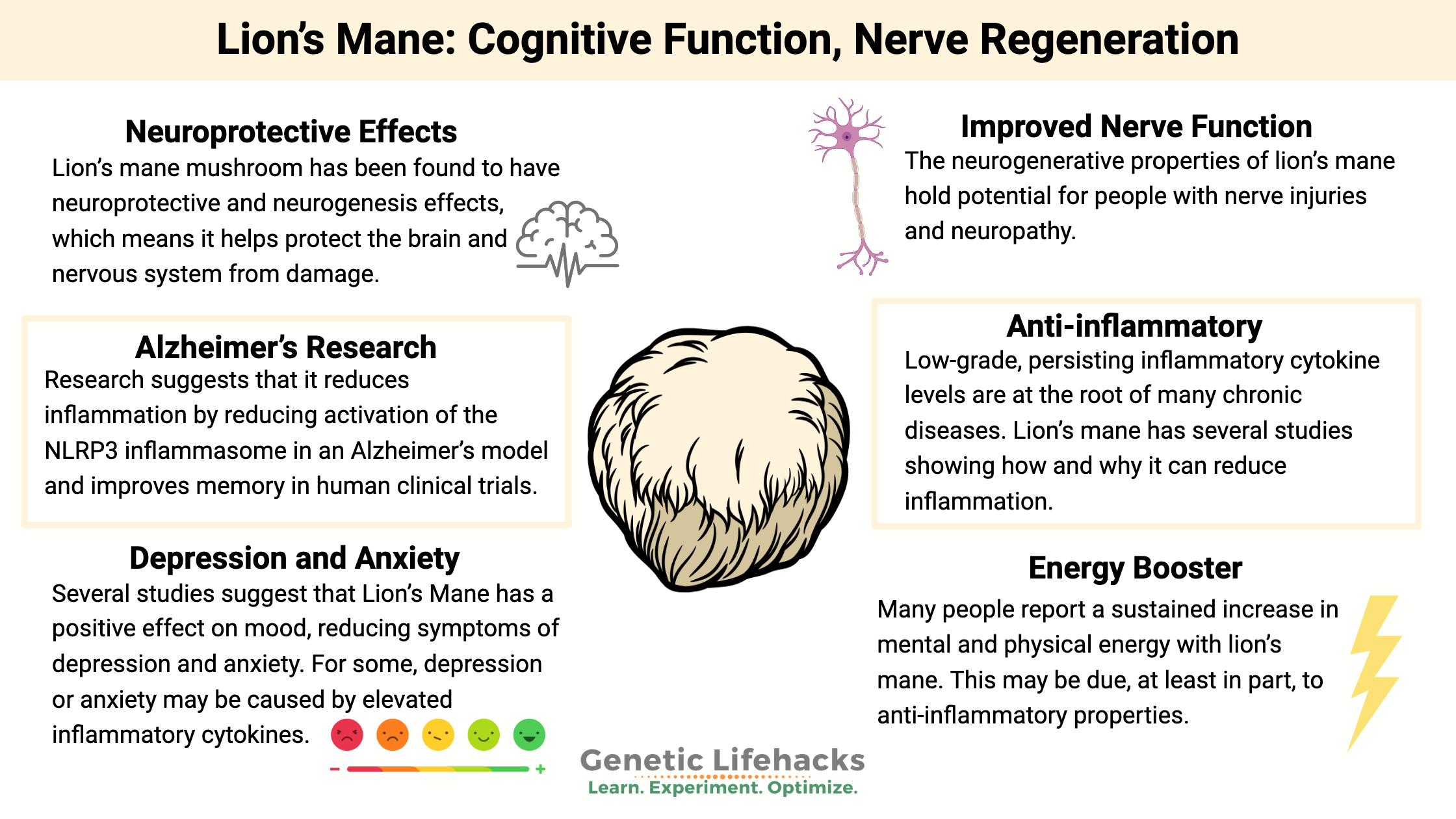 Lion's mane mushroom neuroprotective benefits, mood benefits, alzheimer's research, anti-inflammatory