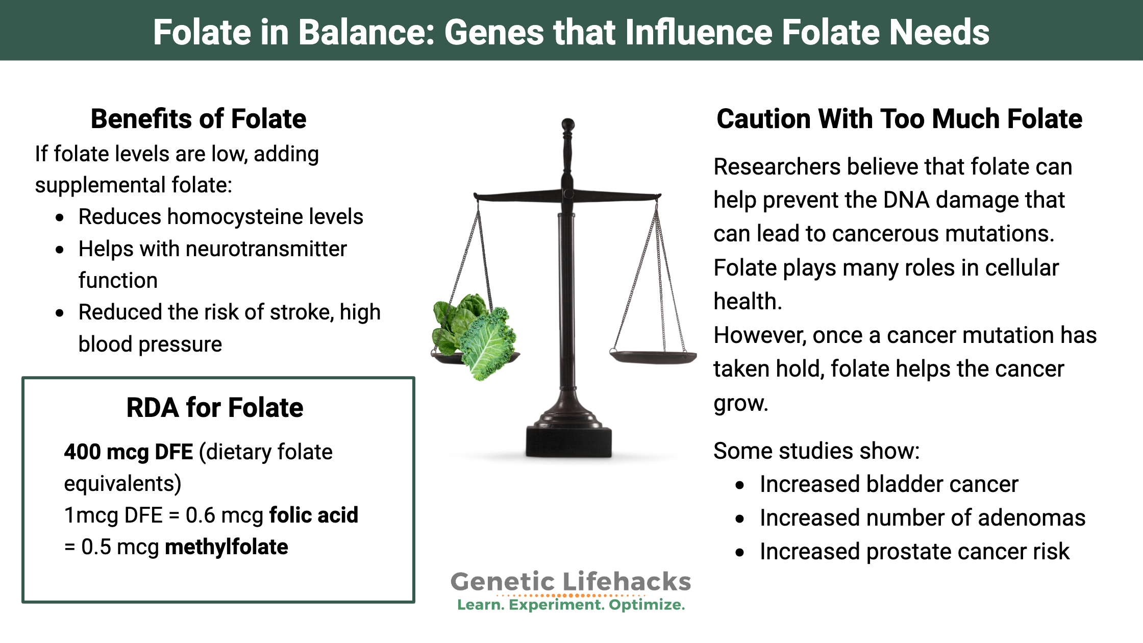 Importance of balancing folate, problems with too little folate, caution with too much folate, RDA for folate intake